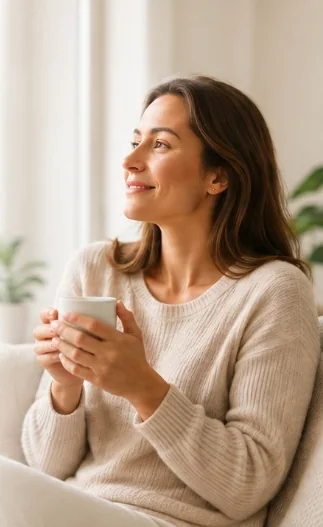 Frau sitzt entspannt mit einer Tasse